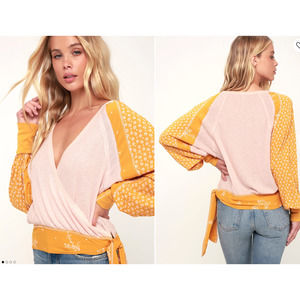 Free People Auxton Pink and Mustard Yellow Thermal Long Sleeve Wrap Top Small